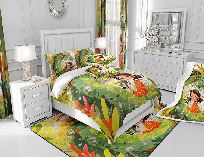 Dragon Bedding Set,Nature Botanical Floral Leaves Comforter Set King Size for Kids Boys Girls,Green Pink Western Magical Quilt Set Room Decor Wild Animals Cartonn Cute Style Duvet Insert,2 Pillowcases