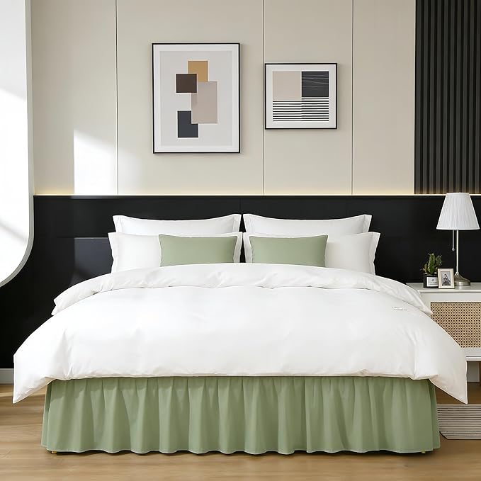 RIMELA Sage Green Bed Skirt Full Size 15 Inch Drop, Elastic Bed Skirting for Bed Base and Frame, Bedding Dust Ruffle Easy to Install, Wrap Around Adjustable Bedskirt