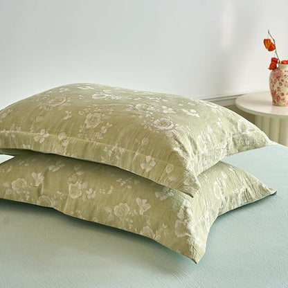 mixinni 100% Washed Cotton Cover Set, Reversible Vintage Green Floral Butterfly Jacquard Textured Comforter Cover, Boho Farmhouse Bedding Set with Zipper Closure for All Season, Queen Size