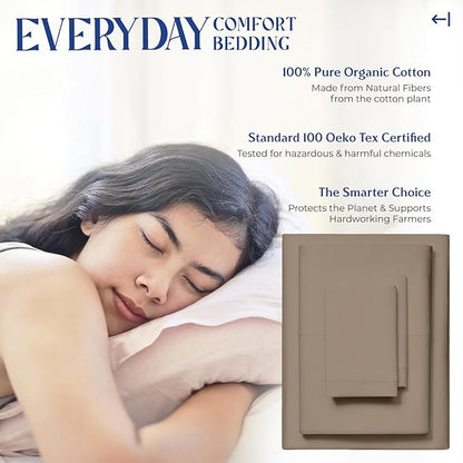 Mayfair Linen 100% Organic Cotton Sheets Queen Size - 4 PC Organic Cotton Queen Size Percale Weave Sheet Set, Soft, Cooling, Crisp & Breathable, 16" Deep Pocket Hotel Quality Bedding Set - Taupe