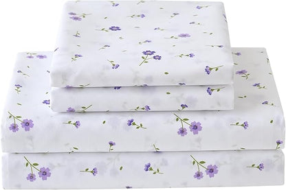 Softan Floral Queen Sheet Set Purple Flower Bed Sheets Printed Queen Size - 4 Piece Microfiber Patterned Fitted Sheets with 15" Deep Pocket, Spring Flower Sheets and Pillowcase Set