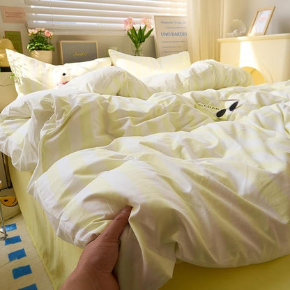 EAVD Yellow and White Vertical Striped Duvet Cover Queen Soft Washed Microfiber Farmhouse Yellow Striped Bedding Set with 2 Pillowcases Reversible Geometric Pattern Duvet Cover with Zipper Closure