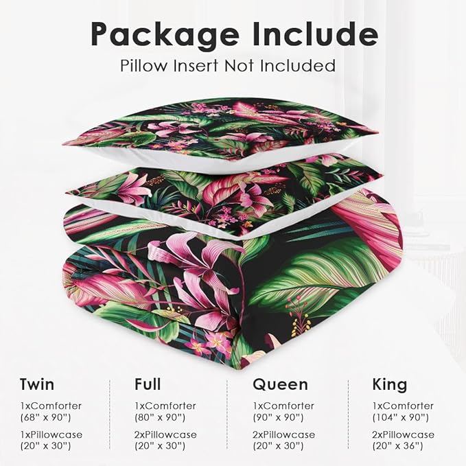 King Size Comforter Set with 2 Pillowcases, Tropical Leaves Flower Hibiscus Soft 3 Pcs Bedding for Kids and Adults Bedroom Bed Decor