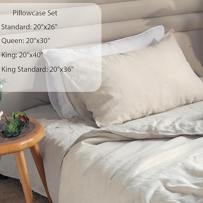 XZ XIFA King Standard Pillowcases - 2 Pack - Envelope Closure - 100% Natural Washed French Flax, Breathable, Durable, Textured Pillow Covers 20"x36"(King Standard, Linen/Natural Linen)