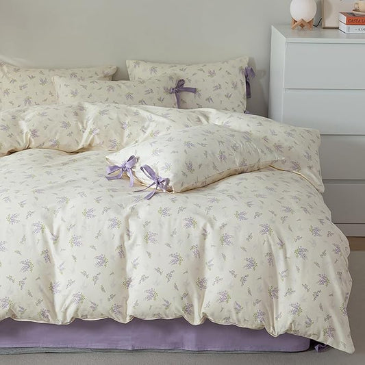 HighBuy Coquette Purple Floral Comforter Set Full Size Garden Floral Bedding Comforters with 2 Bow Tie Pillowcases for Teen Girl Vintage Boho Comforter Fluffy Soft All Season Comfy Comforters