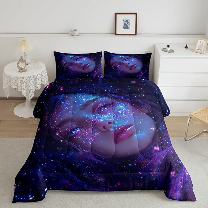 Erosebridal 3D Japanese Girl Comforter Set with Glitter Stars Decorations Galaxy Bedding Full Size 3 Pieces Anime Decor Down Comforter, Fashion Anime Gifts for Girls Duvet Set with 2 Pillowcases