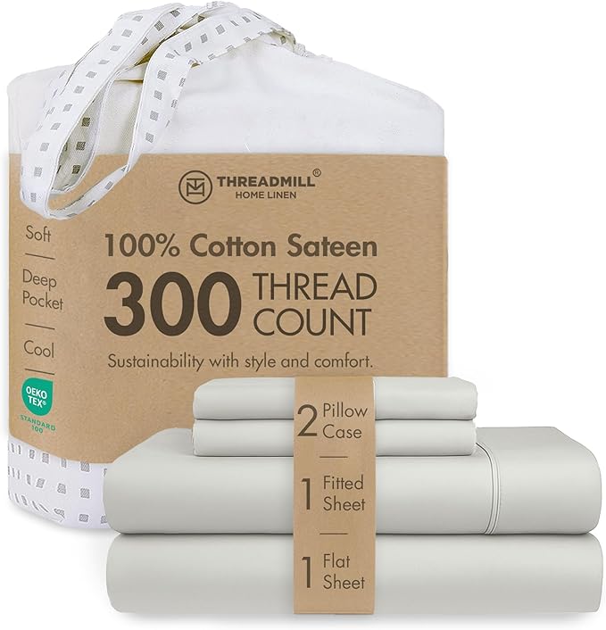 Threadmill Cotton Full Size Sheet set| 100% Cotton Sheets for Full Size Bed | Solid Sateen Full Bed Sheets Set with 16” Elasticized Deep Pocket | Soft Breathable 4-Piece Cooling Sheet Set | Light Grey