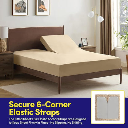 Split Head King Sheets Set for Adjustable Beds 4 Piece Flex Top Bed Sheets – Deep Pocket Split Top Fitted Sheet with Built-in Corner Straps, Luxury Soft Cooling Bedding, Wrinkle Resistant, Beige