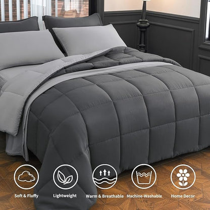 King Size Comforter Set - 8-Piece Gray Bedding with Breathable Reversible Down Lightweight Comforter, Bed Skirt, Flat Sheets, Pillowcases & Pillow Shams