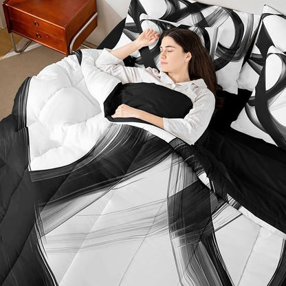 Erosebridal Abstract Modern Black White 7 Piece Comforter Set Twin Bed in A Bag Neutral Minimalist Lines Bedding Set for Boys Men Geometric Sheet Set Contemporary Art Simple Quilt Room Decor