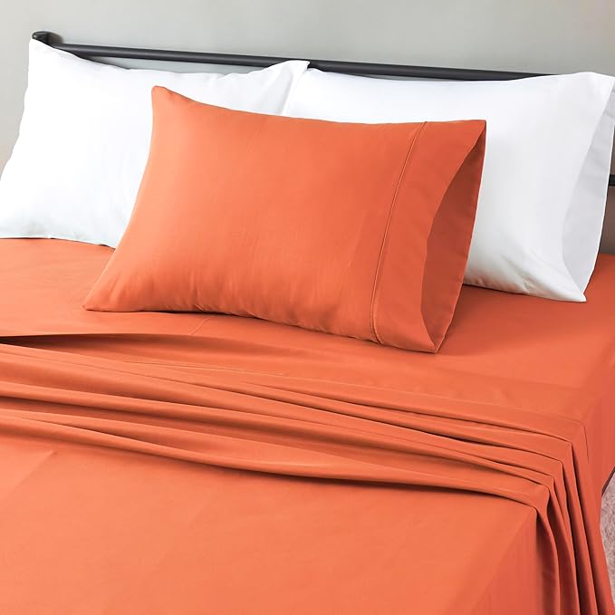 Amazon Basics Lightweight Super Soft Easy Care Wrinkle Free Microfiber 3-Piece Bed Sheet Set with 14-Inch Deep Pockets, Twin, Brick, Solid