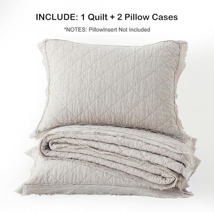 HORIMOTE HOME 100% Linen Front/100% Cotton Back Quilt Set King Size, Beige Pre-Washed European Flax Linen Quilt, Diamond Stitch Bedspread Coverlet Bedding Set 3-Piece for All Seasons