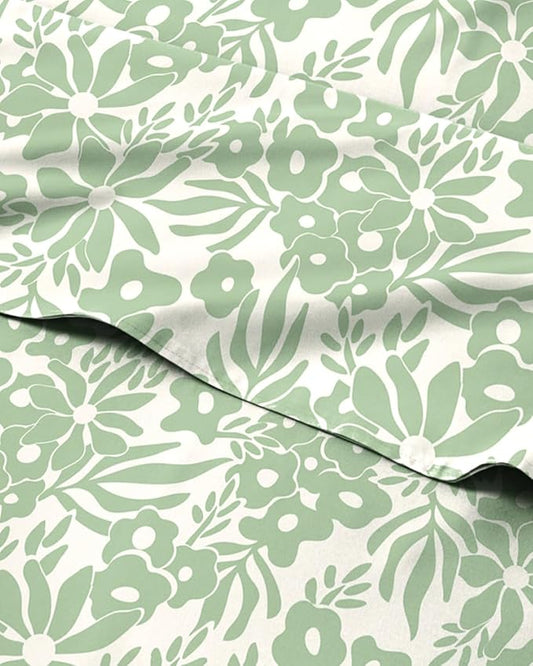 Floral Sheets - Green Flower Bed Sheet Set - 1 Flat, 1 Fitted & 2 Pillowcases w/ Deep Pockets - Comfy, Cozy, Wrinkle & Fade Free - Boho Botanical Bedding - Soft, Breathable & Cooling - Full Size Set