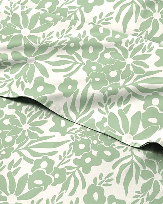 Floral Sheets - Green Flower Bed Sheet Set - 1 Flat, 1 Fitted & 1 Pillowcase w/ Deep Pockets - Comfy, Cozy, Wrinkle & Fade Free - Boho Botanical Bedding - Soft, Breathable & Cooling - Twin Size Set