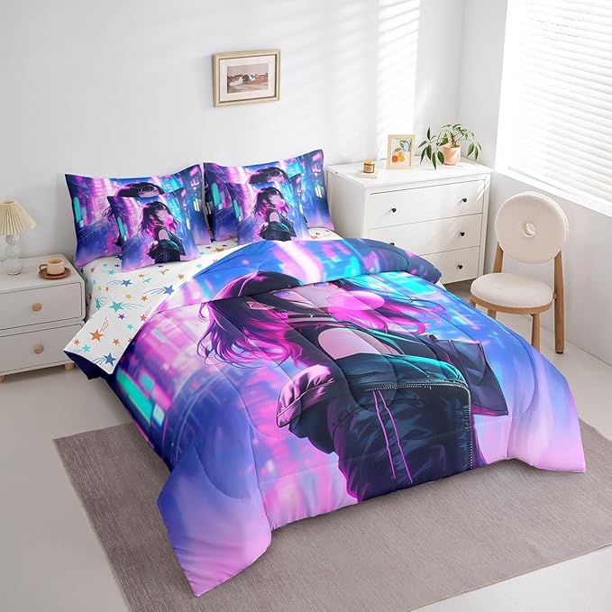 Erosebridal 7 Piece Anime Girl Comforter Set with Sheet King Size, Kawaii Japanese Anime Bedding Set for Kids Boys Teens Adult Women, Cartoon Girl Bed in a Bag Japan Animation Bedroom Decor