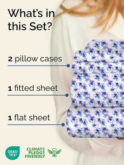 Floral Sheets - Flower Print Bed Sheet Set - 1 Flat, 1 Fitted & 2 Pillowcases w/ Deep Pockets - Comfy, Cozy, Wrinkle & Fade Free - Boho Botanical Bedding - Soft, Breathable & Cooling - Queen Size Set