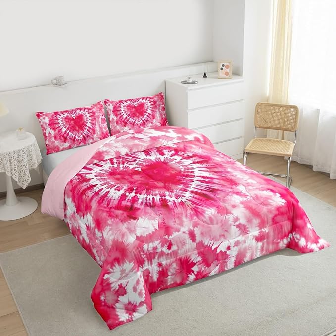Rose Red Tie Dye Comforter Set Full Size,Pink Cute Heart Bedding Set 3pcs for Kids Teens Girls Adults Room Decor,Art Graffiti Quilt Set Modern Fashion Duvet Insert with 2 Pillowcases