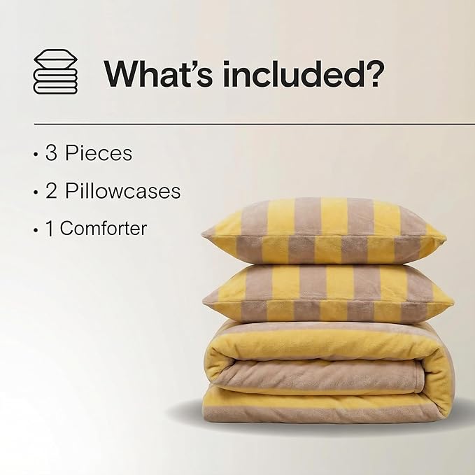 Bedbay Yellow Striped Comforter Set Queen Size Luxury Fleece Fluffy Queen Comforter Set Plush Flannel Bedding Yellow Stripes Pattern Bed Set Soft Warm Velvet Bedding Comforter for All Seasons