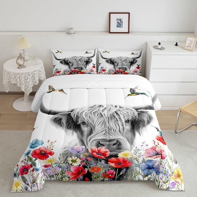 Highland Cow Comforter Set Full, Red Poppy Floral Bedding Set for Teens Boys Girls Adult, Hummingbird Western Funny Animals Quilt Set Cattle Bull Cattle Wild Animals Farmhouse Down Comforter