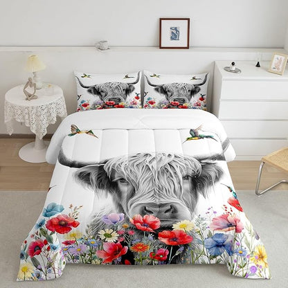 Highland Cow Comforter Set Full, Red Poppy Floral Bedding Set for Teens Boys Girls Adult, Hummingbird Western Funny Animals Quilt Set Cattle Bull Cattle Wild Animals Farmhouse Down Comforter