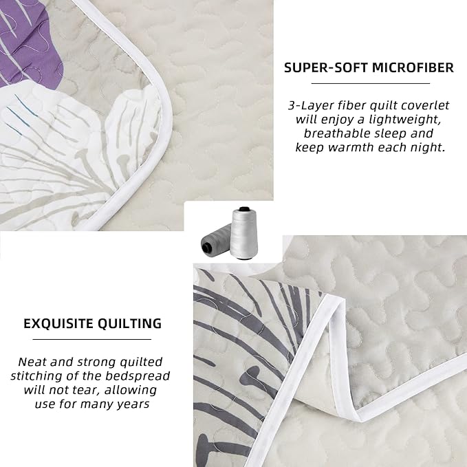 DJY 3 Pieces Quilt Set Queen Purple Floral Pattern Quilt Coverlet Set Elegant Boho Lily Bedspread with 2 Pillow Shams Breathable Microfiber Bedding Quilt Set All Season (Purple, 90"x96")