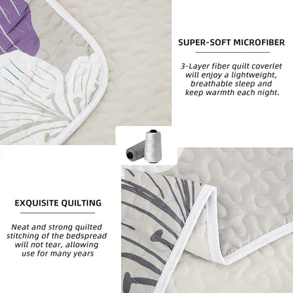 DJY 3 Pieces Quilt Set Queen Purple Floral Pattern Quilt Coverlet Set Elegant Boho Lily Bedspread with 2 Pillow Shams Breathable Microfiber Bedding Quilt Set All Season (Purple, 90"x96")