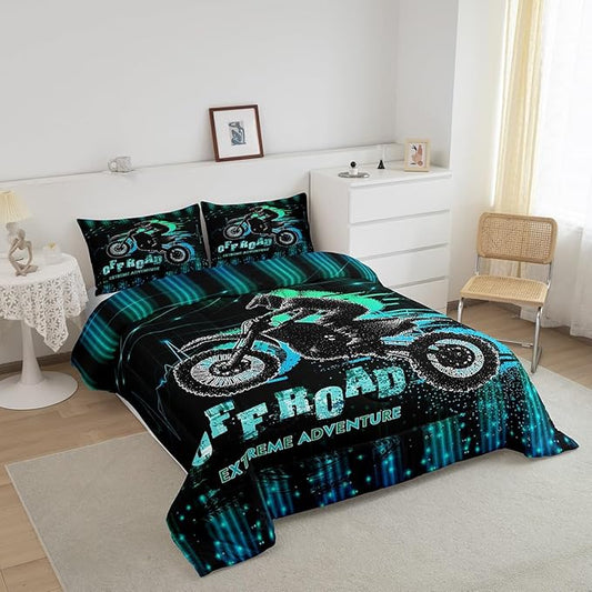 Feelyou Dirt Bike Comforter Set Twin Size Extreme Sports Comforter Racing Motocross Rider Bedding Set Motorcycle Duvet Set Room Decor Blue Green Quilt Set