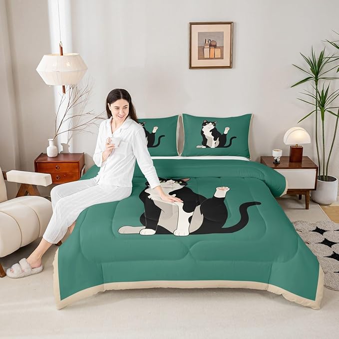 Erosebridal Kitten Quilt Insert Queen Size Cartoon Cat Bedding Set for Kids Boys Girls Retro Kawaii Cute Green Black Comforter Warm Soft Comforter Set