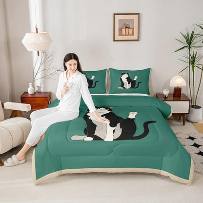 Erosebridal Kitten Quilt Insert Twin Size Cartoon Cat Bedding Set for Kids Boys Girls Retro Kawaii Cute Green Black Comforter Warm Soft Comforter Set