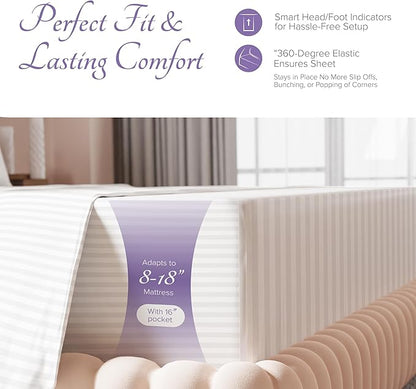 Carressa Linen Luxury Egyptian Cotton California King Stripe Sheet Set - 600 Thread Count Extra Long Staple 4 PC Set, Crisp White Cal King Stripe Sheets, Soft, Cooling Sheets Upto 18 in Deep Pocket