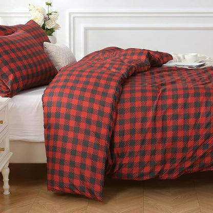 MUXHOMO Duvet Cover Queen Size Floral Duvet Cover Set with Zipper Closure, Red Plaid Bedding Set, 3 Pieces, 1 Duvet Cover 90"x90" with 4 Corner Ties and 2 Pillowcases 20"x30"