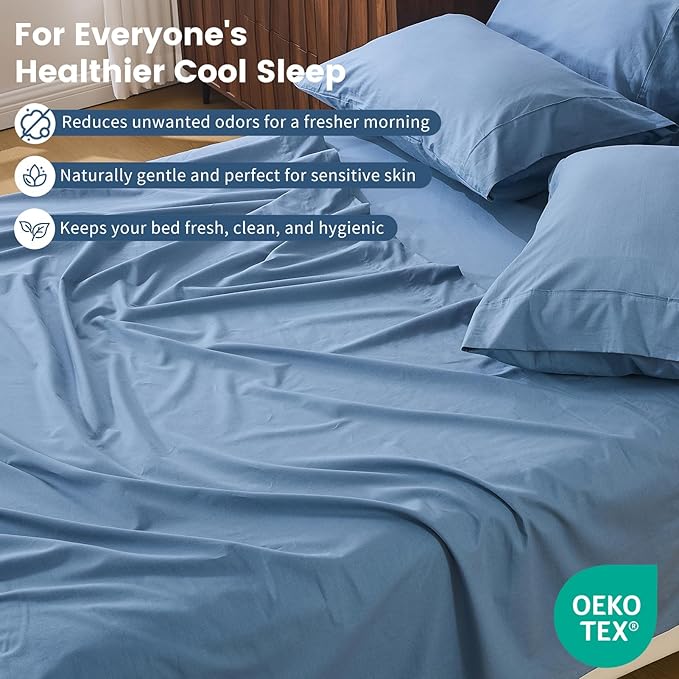 100% Linen Sheet Set King Size Extra Deep Pocket Fits 18-24 Inch Mattress, Breathable & Soft, Smooth 4-Piece Set for Thick Mattresses Hotel Luxury Bedding（King, Dusty Blue）