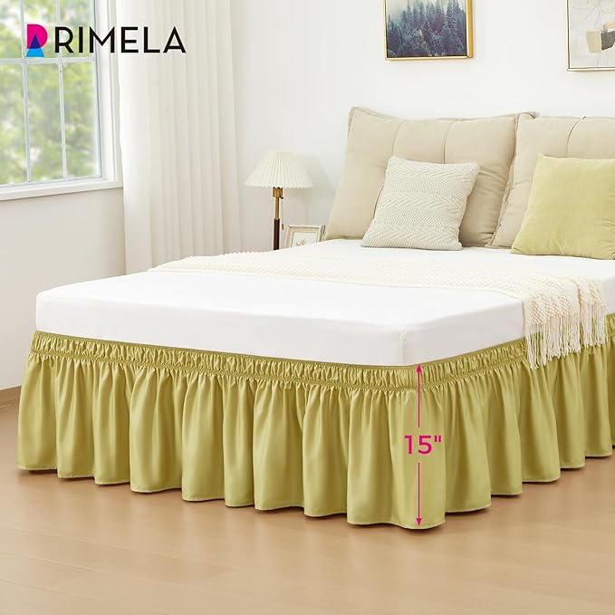 RIMELA Bed Skirt Queen Size Gold Green 15 Inch Drop, Wrap Around Elastic Bedskirt, Dust Ruffle for Adjustable Bed Base Soft Durable Fabric Machine Washable Easy to Install Bed Skirts