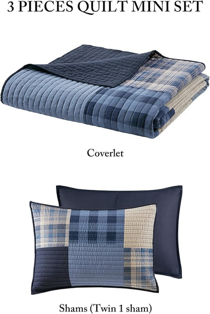 WOOLRICH Quilt Set Patchwork Channel Quilting, Cottage Coverlet for Twin Size Bed All Seasons, Lightweight Prewashed Cotton Coverlet Bedspread, Shams, Winter Hills, Oversized Twin/Twin XL Blue 2 Piece