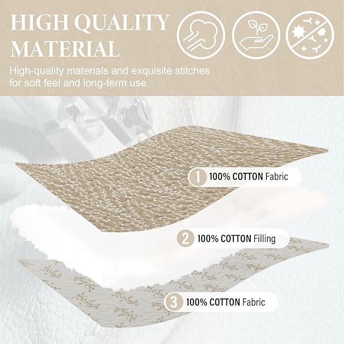 SahSahCasa Quilt Set Queen Size, 100% Cotton Quilt Bedding Set Bedspread, Botanical Pattern Solid Color Chic Lightweight Quilted Comforter for Queen Bed, White/Oatmeal, All Season, 3 Pieces