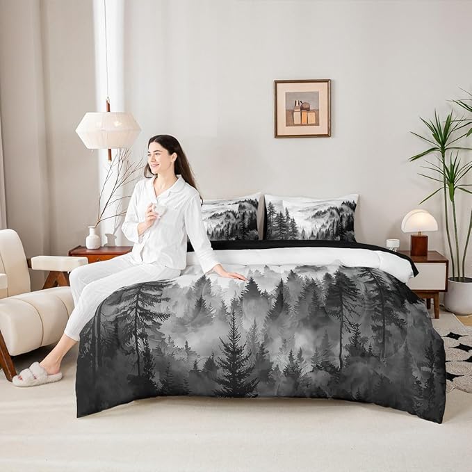 Erosebridal Black Gray Misty Forest Twin Comforter Set with Sheets 7 Piece Grey White Foggy Mountain Bed in A Bag Rustic Woodland Pine Trees Bedding Sets for Kids Adults,Watercolor Nature Bed Set