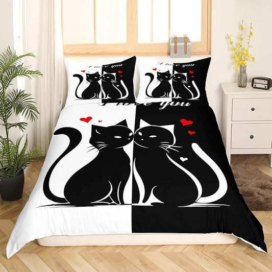 Cats Lovers Bedding Set King Size,Cute Cat Valentine's Day Duvet Cover with 2 Pillowcase for Teens Adults,Black White Couples 3 Pieces Decorative Comforter Cover,No Comforter