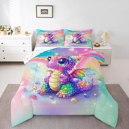 Feelyou Dragon Comforter Set Twin Size Dragon Stuff Comforter for Boys Girls Teens Cute Bedding Set Dragon Decor Duvet Set Room Decor Multicolored Quilt Set