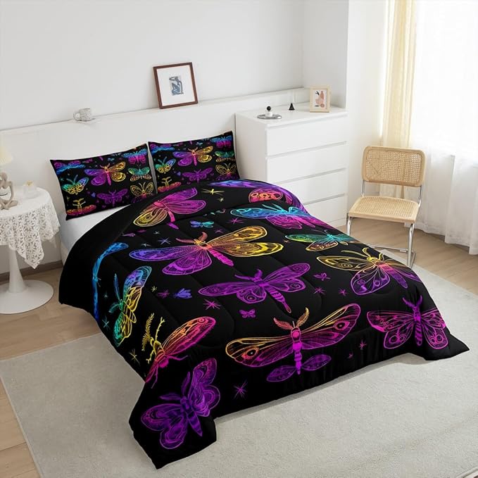 Erosebridal Death Moth Bedding Set, Ombre Butterfly Dragonfly Comforter Set for Kids Girls Teens, Gradient Rainbow Butterflies Bedding Comforter Sets, Psychedelic Colorful Wildlife Quilt, Twin