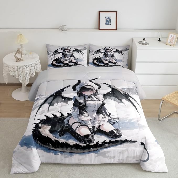 Erosebridal Anime Girl Bedding Set Twin Size, Japanese Anime Comforter Set for Kids Girls Teens Women Bedroom, Cartoon Girl Quilt Japanese Animation Sci Fi Style Duvet Insert,1 Pillow Case