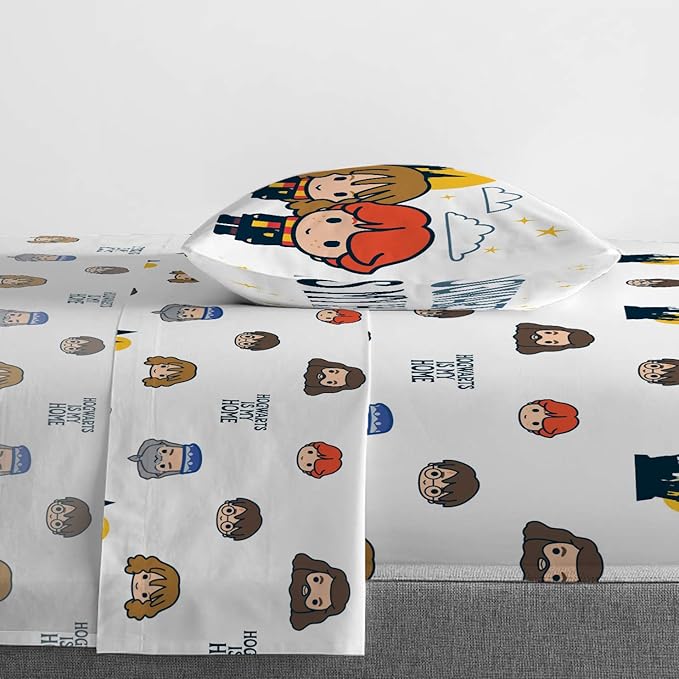 Jay Franco Kids Sheet Cartoon Set with Fitted, Flat Sheets & Pillow Cover - Ultra-Soft Bedding with Pillowcase for Room Decor, Grey - Harry Potter, 3 Piece Twin