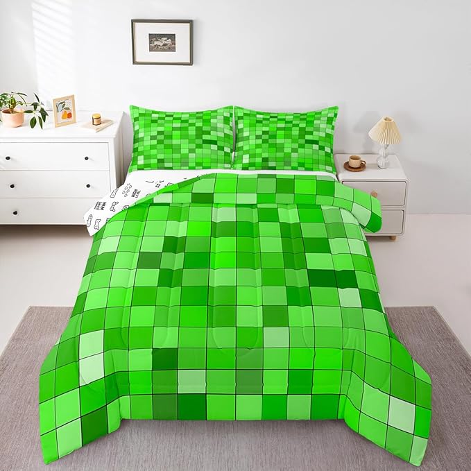 Geometric Grid Kids Bedding Set Queen Size,Patchwork Square Video Games Comforter Set，Gradient Gaming Quilt Comforter,Green Bedroom Duvet Insert,2 Pillowcases