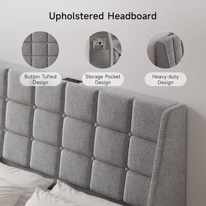 Ergonomic Upholstered Full Size Headboard w/Charging Station, Linen Wingback Headboards w/Storage Pocket, Full Headboard Only, Bed Frame Adapters, Sturdy Solid Wood Bed Head Board, Light Grey