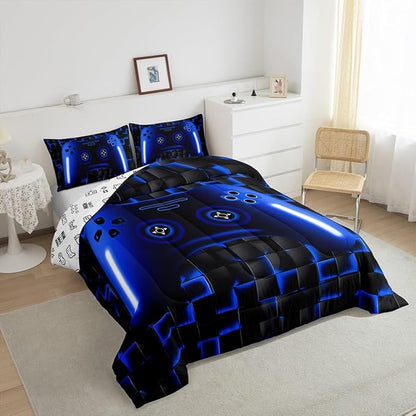 Gaming King Size Comforter Sets For Kids Boys Teen Girls Game Controller Bedding Set 3Pcs Gamer Comforter For All Season,Blue And Black Geometric Checkered Quilt Set For Young Men,Soft Lightweight