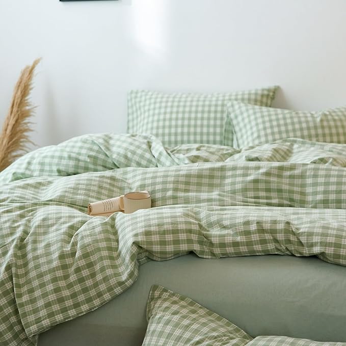 LifeTB Green Gingham Duvet Cover Set Full Size 100% Washed Cotton Sage Green Plaid Checkered Comforter Cover Linen Like Soft Breathable Grid Duvet Cover Vintage Farmhouse Gingham Bedding Set