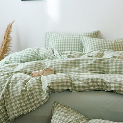 LifeTB Green Gingham Duvet Cover Twin XL 3 Pieces Green Grid Duvet Cover 100% Washed Cotton Plaid Checkered Comforter Cover with 2 Pillowcases Breathable Farmhouse Plaid Gingham Bedding Set Twin XL