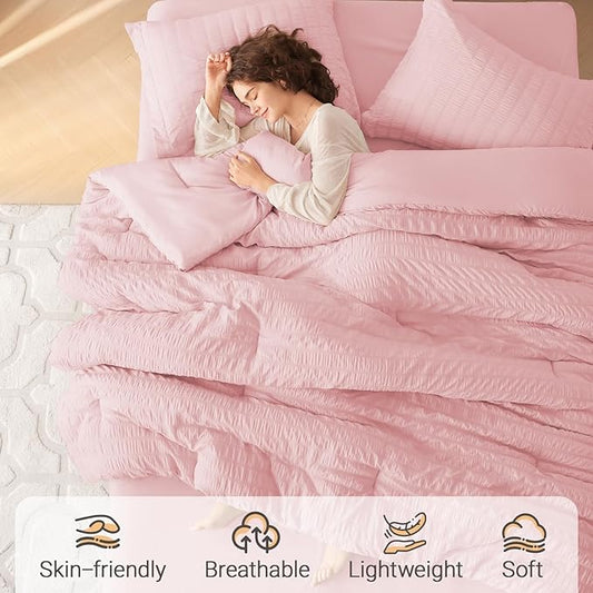 MUXHOMO 7 Pieces King Comforter Set, Seersucker Bed in a Bag King Size, All Season Luxury Bedding Set with Comforter, Flat Sheet, Fitted Sheet, Pillowcases & Shams, Pink