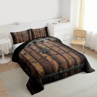 Castle Fairy Knight Walls Boys Girls Comforter Set Full Size,Medieval Themed Wall Duvet Set Teens Bedroom Decor,Retro Wooden Board Microfiber Soft Bedding with 2 Pillowcases