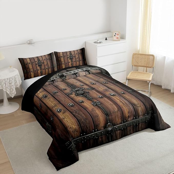Castle Fairy Medieval Themed Wall Comforter Set Toddler Size,Knight Walls Bedding Set for Kids Teens,Retro Wooden Board Down Comforter,2 Pcs 1 Pillowcase