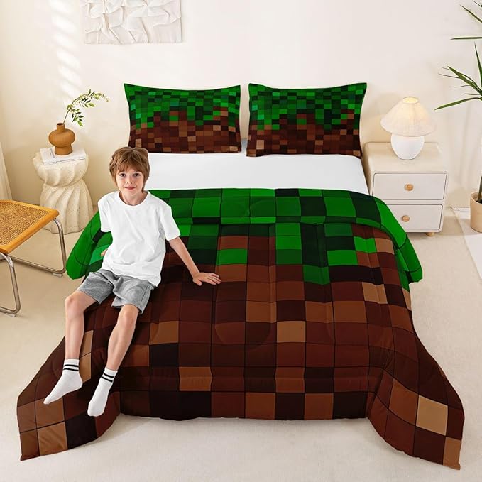 Pixelated Comforter Set Full Size,Patchwork Grid Video Games Kids Bedding Set,Miners Lattice Simple Quilt Comforter,Dark Green Brown Duvet Insert,2 Pillowcases